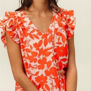 BiBi Coral and White Floral Ruffle Sleeve Blouse